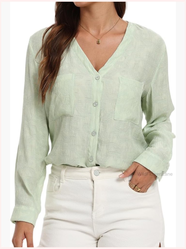 Long Sleeve Sheer Embroidered See Through Button Down Blouse Boho V Neck